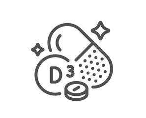 Vitamin D3 line icon. Cholecalciferol food nutrient sign. Capsule or pill supplement symbol. Quality design element. Linear style cholecalciferol icon. Editable stroke. Vector