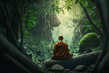 tibetan monk sitting on a stone meditating in a mountain valley, rear view, Generative AI - obrazy, fototapety, plakaty