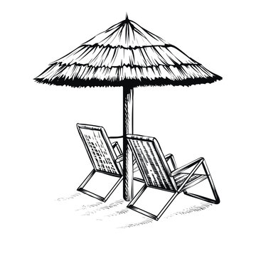 Beach umbrella with pair of sun loungers, black line sketch isolated on white background. Parasol and beach chairs, vector illustration.