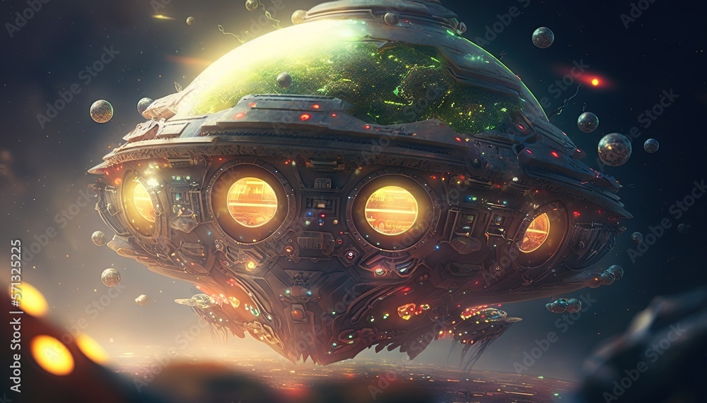 Poster a futuristic space ship floating in the air with a planet in the background and lights shining on th