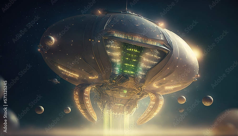 Poster a futuristic city with a massive structure in the middle of the night with a lot of bubbles floating
