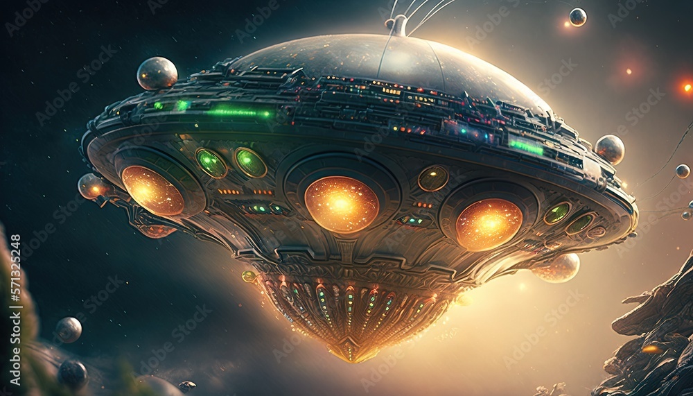 Poster an alien ship floating in the air with a lot of bubbles on it's side and a lot of bubbles on the gro
