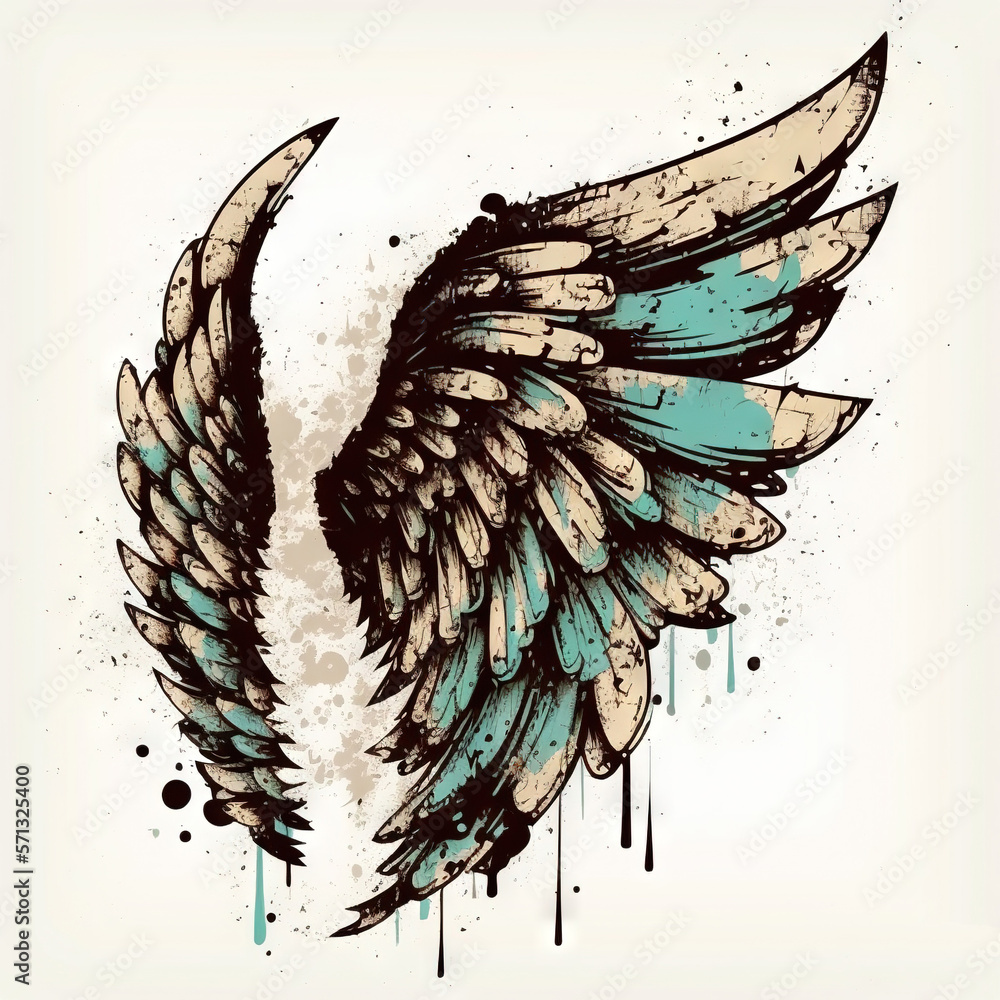 Poster a drawing of a wing with paint splattered on it's side and a splattered paint splattered on it's sid
