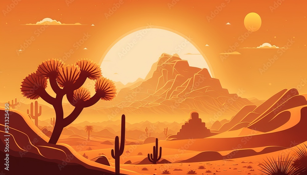 Poster a desert scene with cactus trees and mountains in the background at sunset with a bright sun in the 