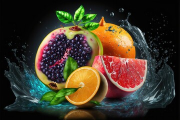 Fototapeta na wymiar Fresh fruits with water splash on black background
