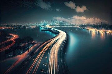 Obraz premium long-exposure photography technique of a city at night with traffic lights. This is a Royalty-free fictitious generative AI artwork that doesn't exist in real life.