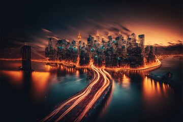 long-exposure photography technique of a city at night with traffic lights. This is a Royalty-free fictitious generative AI artwork that doesn't exist in real life.

