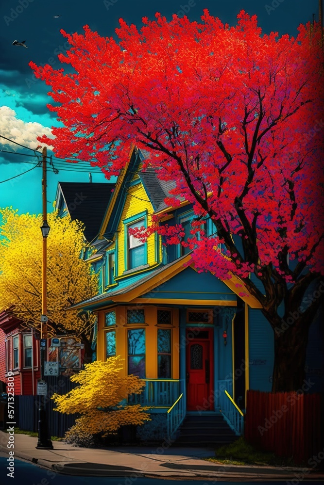 Poster a painting of a house with a red tree in front of it and a blue house with a red door and a red tree