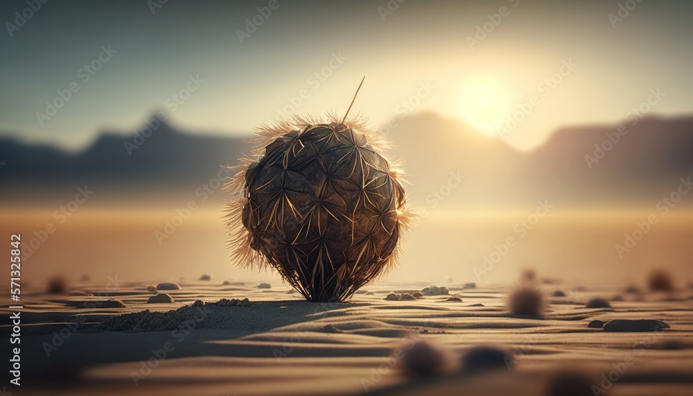 Aufkleber a cactus in the desert with the sun in the background and some rocks in the foreground and a mountai