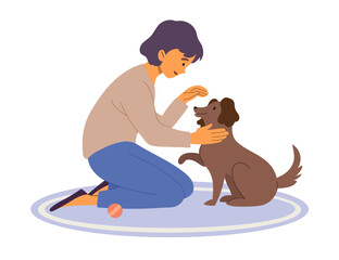 Owner plays with dog who gives a paw. The girl on the mat is stroking the puppy.