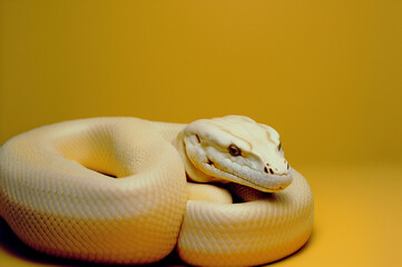 Fototapeta premium Yellow snake of Albino Royal Phyton isolated on yellow background. ai generative.