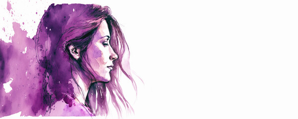 Watercolor woman's profile portrait illustration for International Women's Day. Empowered girl on working woman day. Equality and feminism. Purple tones with copy space. Generative AI painting. - obrazy, fototapety, plakaty