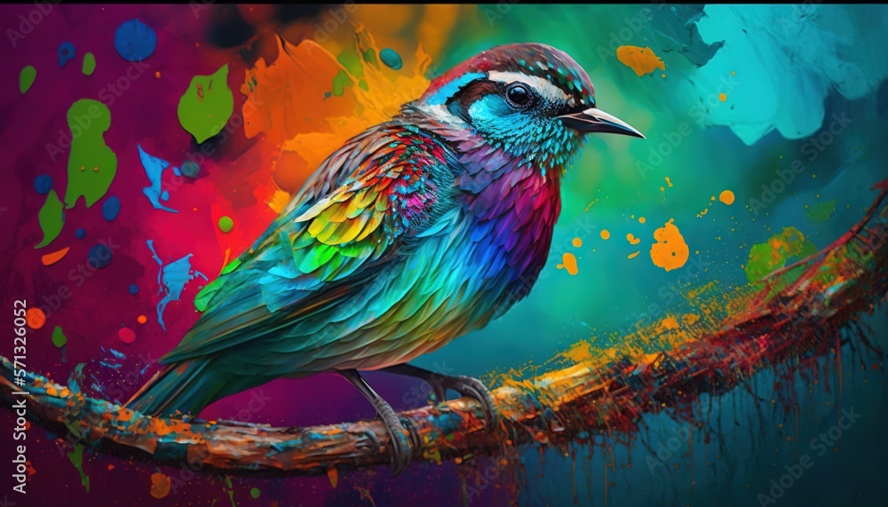 Poster a colorful bird sitting on a branch with paint splatters on the background of the painting and the c