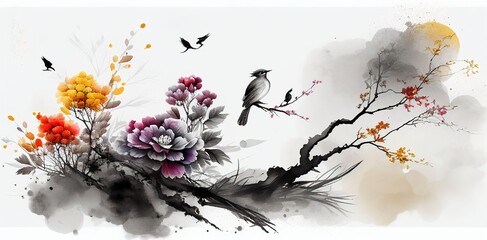 Chinese ink color flowers with mist fog