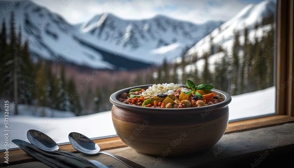 Poster a bowl of food on a window sill with mountains in the background and a spoon and fork in the foregro