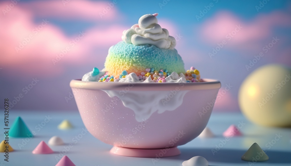 Poster a bowl of ice cream with sprinkles on top of it and a ball of candy in the background with a sky bac