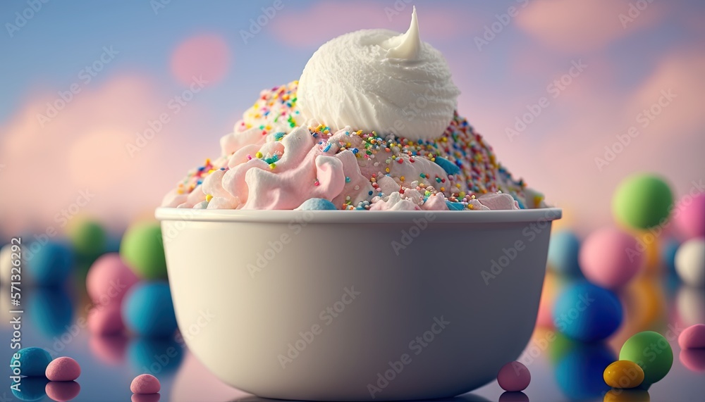 Poster a bowl of ice cream with sprinkles and sprinkles around it on a table with colorful balls and balloo