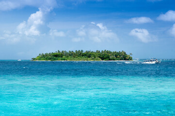 Beautiful Maldives island, beach with palm trees and azure water. Vacation concept travel holiday background banner. Maldives paradise beach. Luxury travel to tropical paradise.