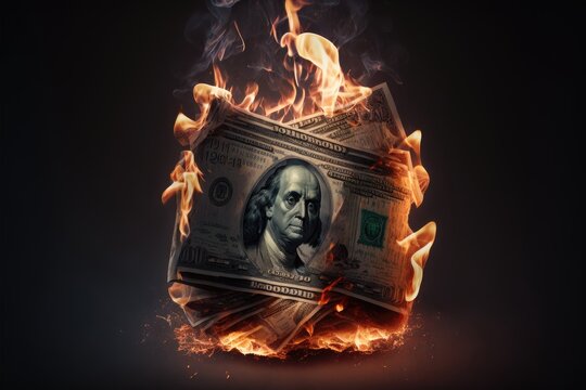 burning dollar bills. This is a Royalty-free fictitious generative AI artwork that doesn't exist in real life.