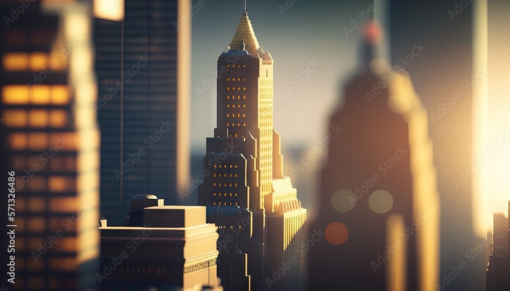 Poster a view of a city with tall buildings and a sky scraper in the foreground of the image is the sun shi