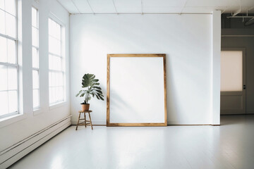 Minimalist room, large blank frame, light wood frame, white boho style inside studio, white walls, overexposed - created with AI