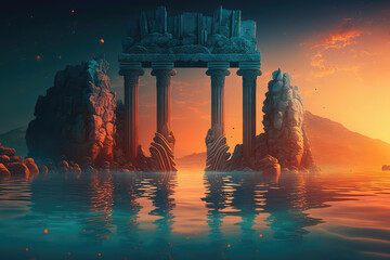 illustration painting of Abstract fantasy landscape, ancient stone temple, neon sunset. Fantasy city on the coast. Atlantis, the lost underwater city. 3D illustration. (ai generated) - obrazy, fototapety, plakaty