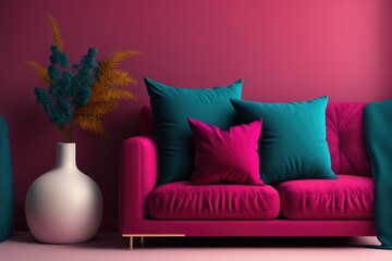 bright accent pillow magenta color. empty wall.Crimson decoration. Living room - modern design interior home lounge. generative ai