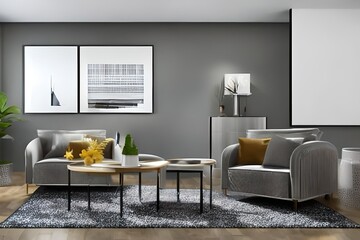 Interior of modern living room with striped accent coffee table and classical patterned armchair, empty wall. Home design. 3d rendering, style color pastel