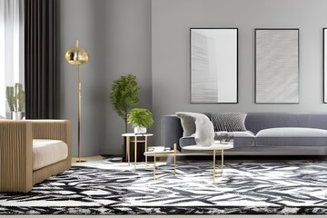 Interior of modern living room with striped accent coffee table and classical patterned armchair, empty wall. Home design. 3d rendering, style color pastel