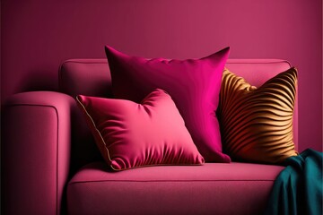 bright accent pillow magenta color. empty wall.Crimson decoration. Living room - modern design interior home lounge. generative ai - obrazy, fototapety, plakaty