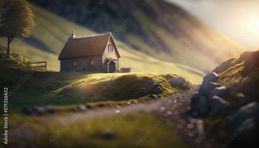 Aufkleber a painting of a house on a hill with a path leading to it and a stream running through the grass to 