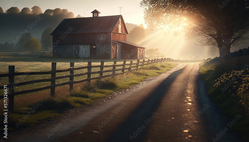 Poster a country road with a barn and a fence in the foreground and a field with flowers in the foreground,
