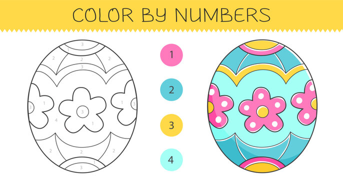 Color by numbers coloring book for kids with easter egg. Coloring page with cute cartoon easter egg with an example for coloring. Monochrome and color versions. Vector illustration.
