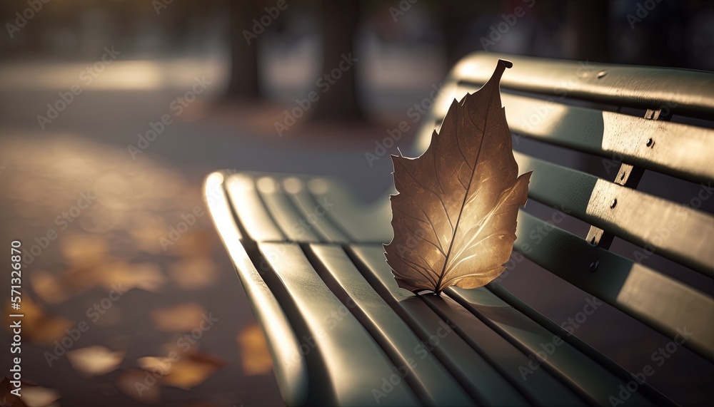 Poster a leaf is sitting on a bench in a park in the fall time with leaves on the ground and trees in the b