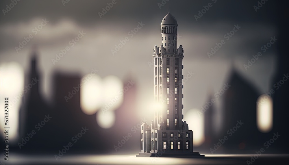 Poster a very tall building with a clock on the top of it's side in the middle of a city at night with ligh