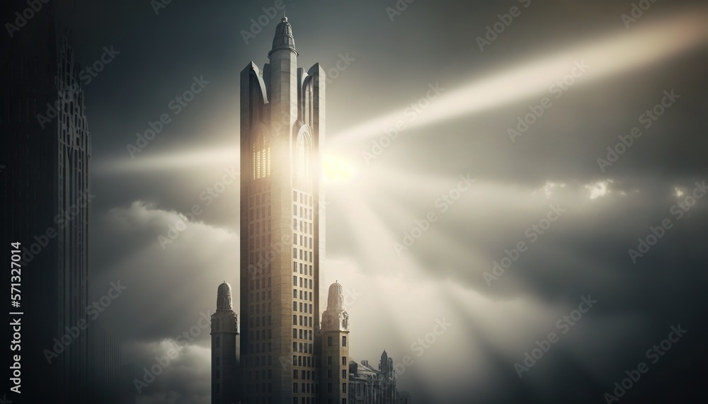 Aufkleber a very tall building with a lot of light coming from it's windows in a cloudy sky with sun beams com