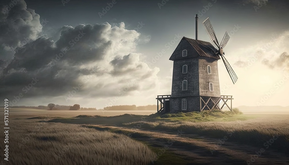 Poster a windmill in a field with a dark sky in the background and a path leading to the top of the windmil