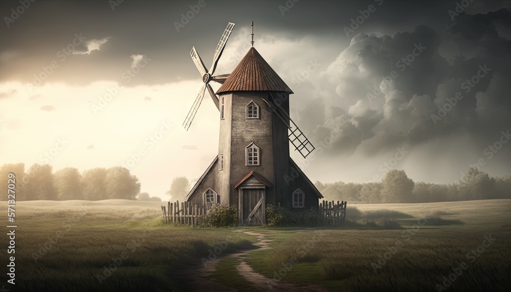 Poster a painting of a windmill in a field with a path leading to it and a path leading to the windmill in 