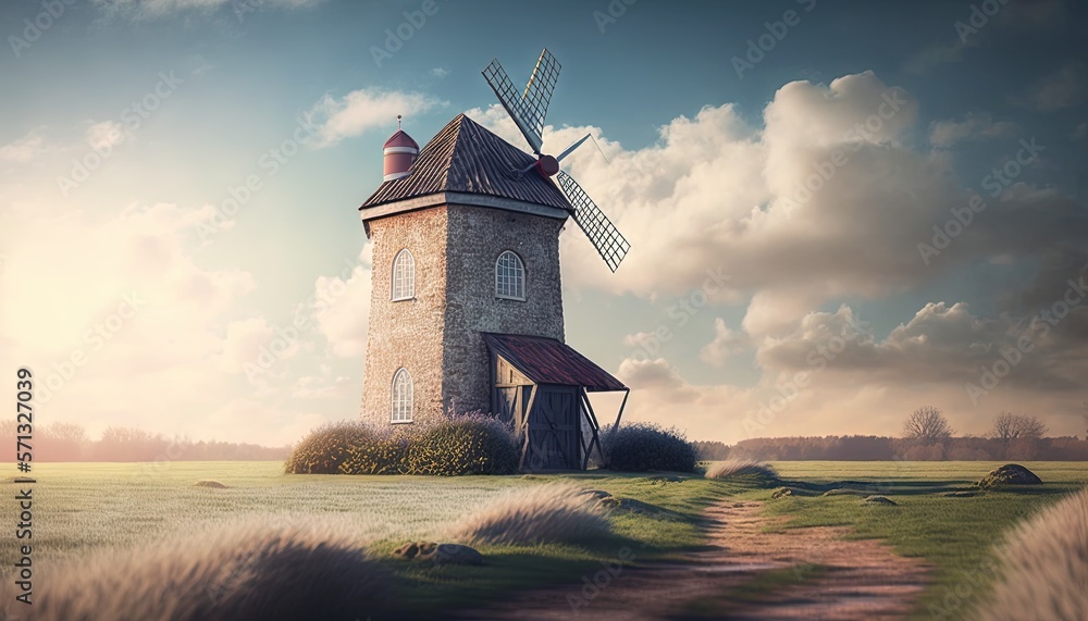 Poster a painting of a windmill in a field with a dirt path leading to it and a path leading to the right o