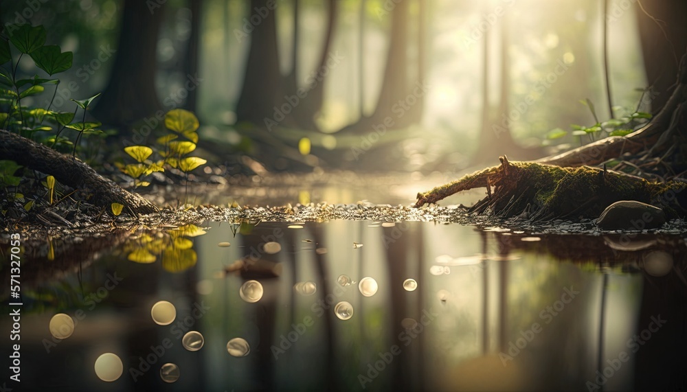 Poster a stream in the middle of a forest filled with trees and water with sunlight shining through the tre