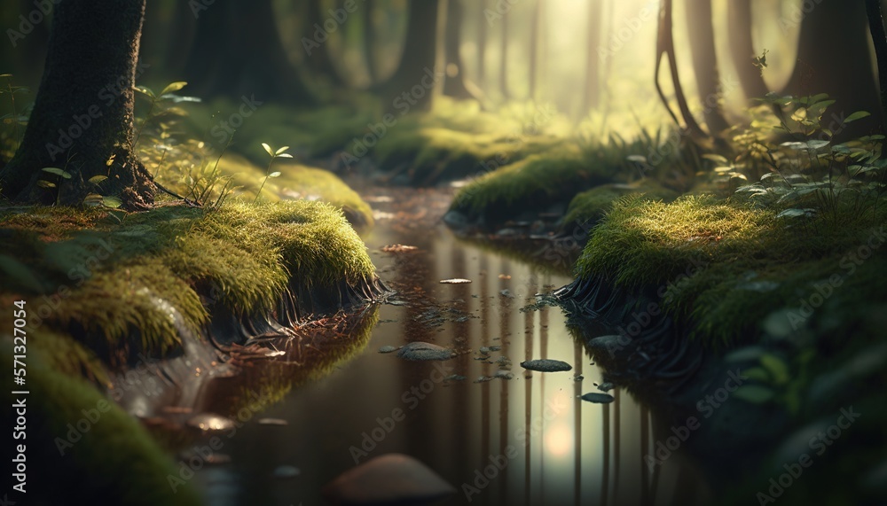 Poster a stream running through a lush green forest filled with lots of trees and grass on both sides of th