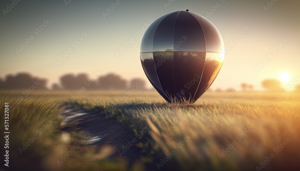 Poster a large balloon sitting in the middle of a field of grass with the sun setting behind it and a path 