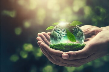 Hand of humans holding the green world with environment icon, Save the world, sustainable environment generative ai concept.