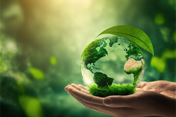 Hand of humans holding the green world with environment icon, Save the world, sustainable environment generative ai concept.