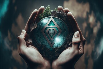 Hand of humans holding the green world with environment icon, Save the world, sustainable environment generative ai concept.