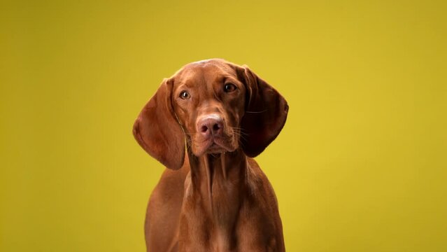 happy dog on a yellow background. happy, playful. Funny Hungarian Vizsla in the studio