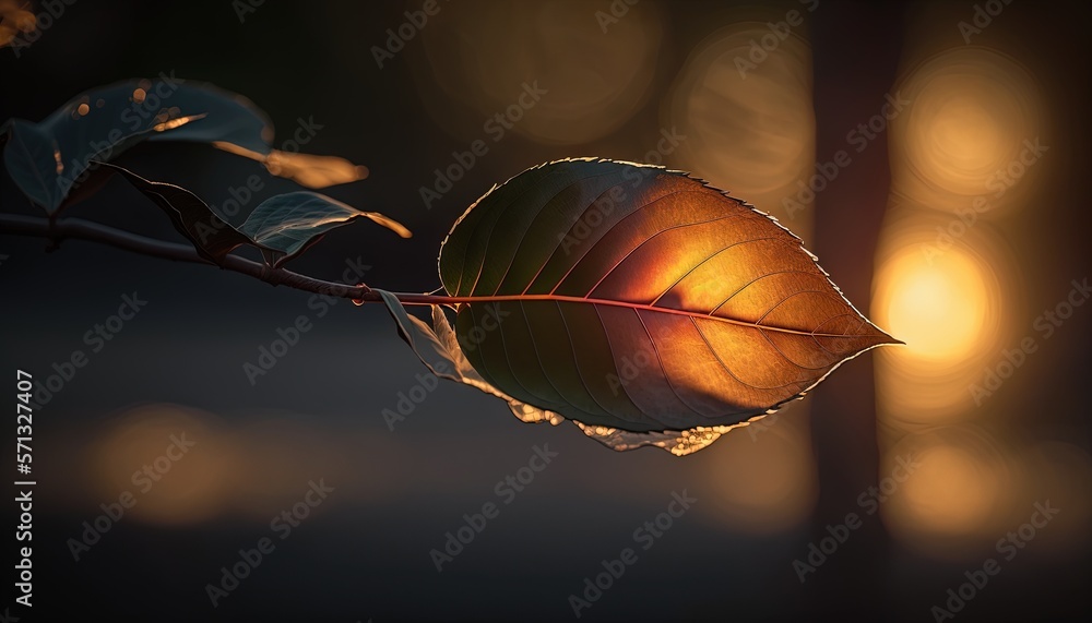 Poster a single leaf is sitting on a twig with the sun shining in the backround behind it and a blurry back