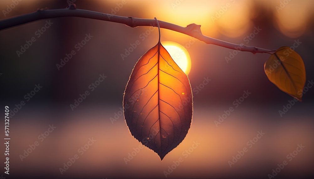 Poster a leaf is hanging from a branch with the sun setting in the distance in the background, with a blurr