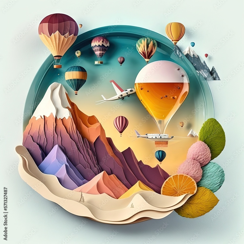 Poster a plate with a bunch of different types of balloons flying over mountains and a plane flying over th