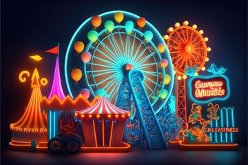 Fototapeta premium amusement park Funfair and carnival rides generative ai Funtime background with neon lights